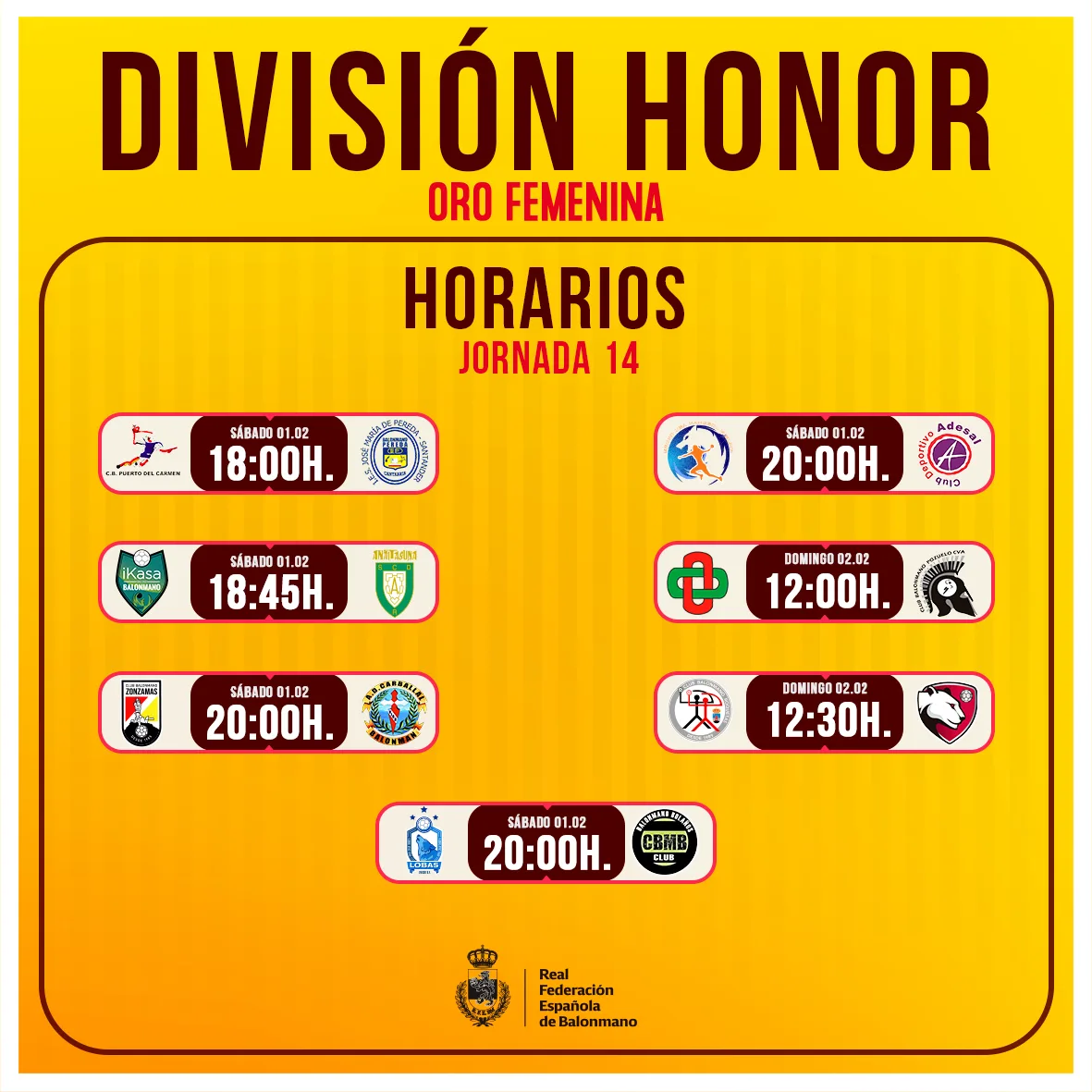 Parilla de horarios Jornada 14 DH Oro Fem