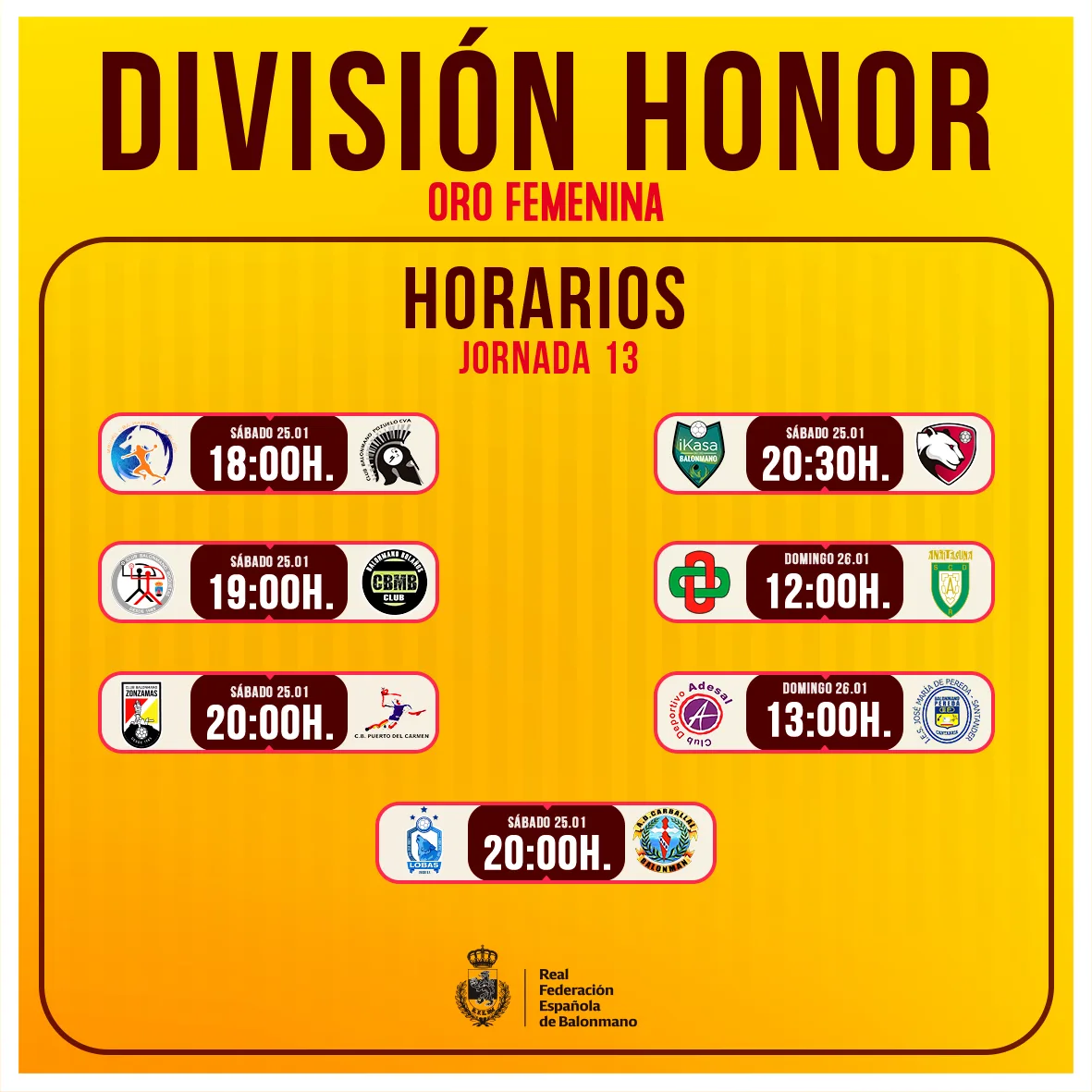 Parilla de Horarios de la Jornada 13 de la DH Oro Femenino 