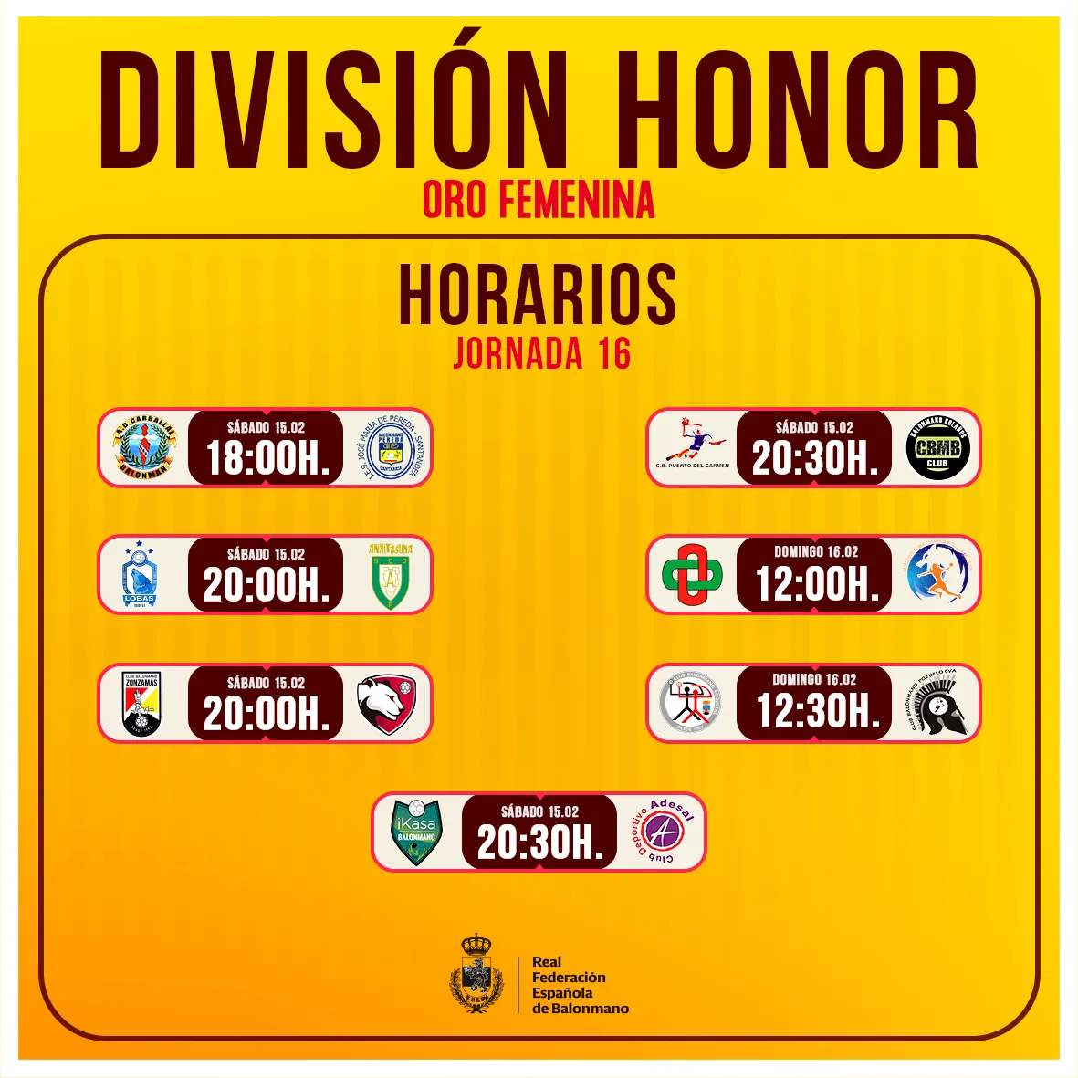 Parilla de Horarios de la Jornada 16 de la DH Oro Femenino 